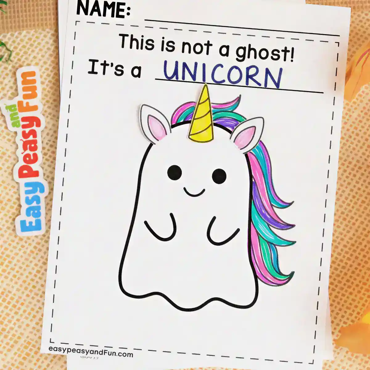 White ghost craft with a rainbow mane, yellow horn, and pink ears made to look like a unicorn.