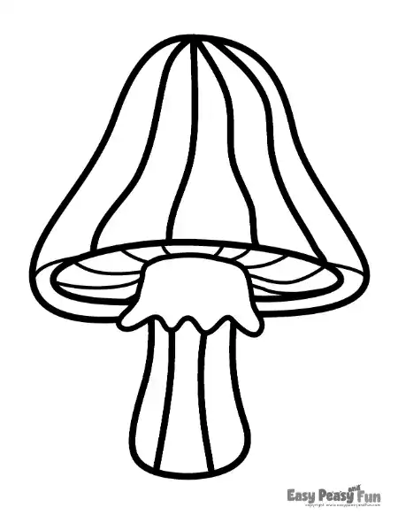 A mushroom with a tall cap featuring a central striped panel flanked by curved sections and a patterned stem.