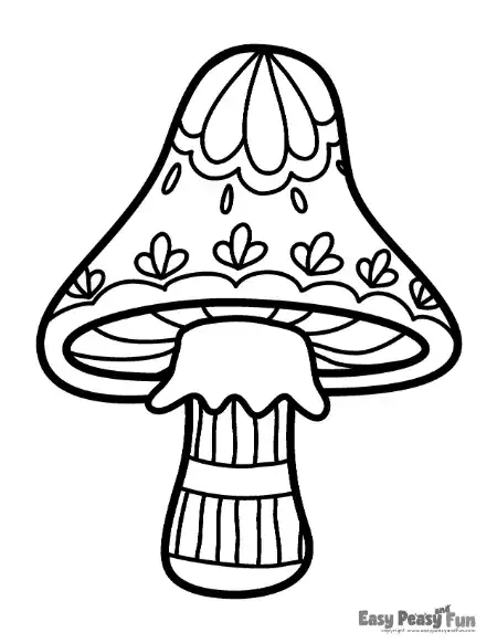 A mushroom featuring a floral petal design along the upper cap edge above curved rows and a striped stem.