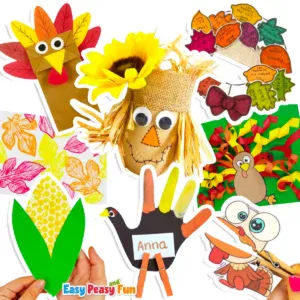 A collection of fun Thanksgiving craft ideas featuring a scarecrow, colorful autumn leaf prints, a paper bag turkey, and a handprint turkey.