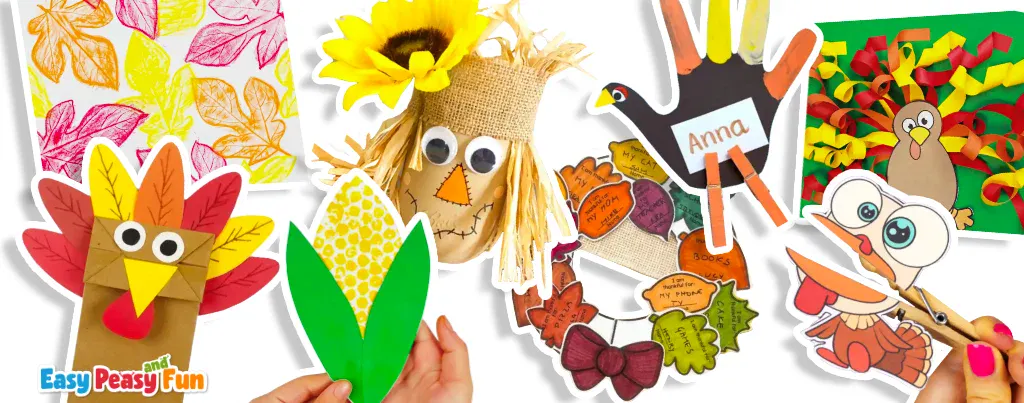 A collage showcasing simple Thanksgiving crafts for kids, such as a paper corn cob, a paper bag turkey puppet, and a handprint turkey.