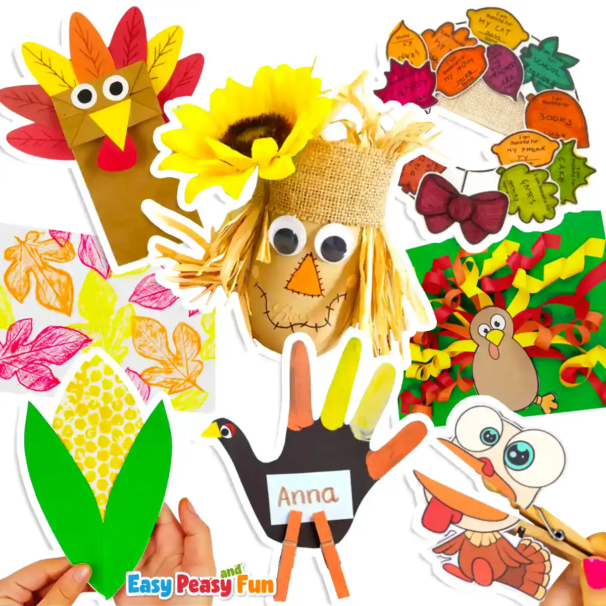 A collection of fun Thanksgiving craft ideas featuring a scarecrow, colorful autumn leaf prints, a paper bag turkey, and a handprint turkey.