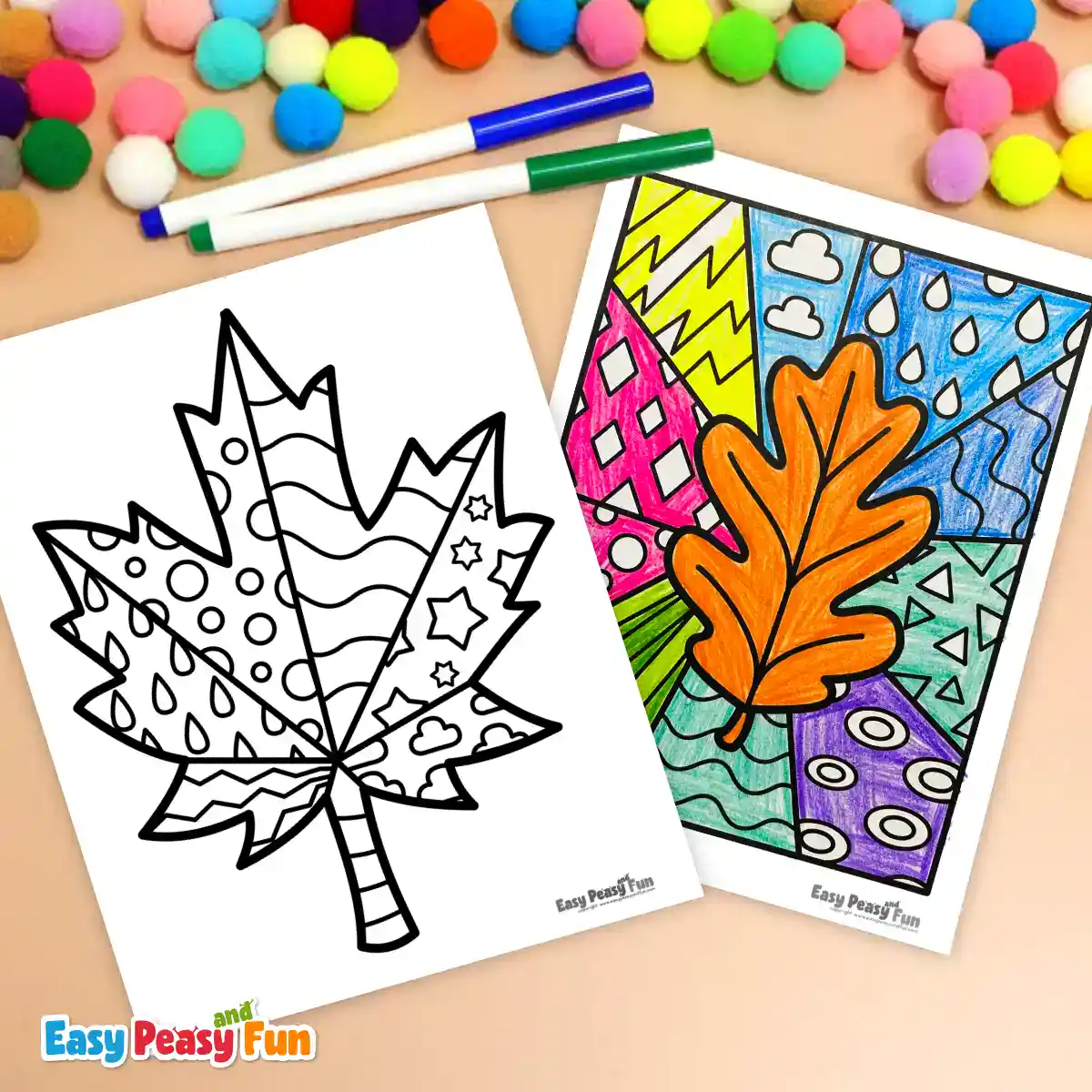 Two printed leaf coloring pages and markers arranged on a light surface.