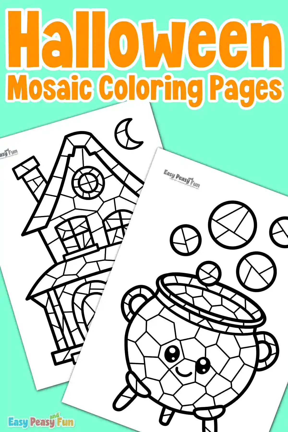 A promotional graphic with large orange text titled "Halloween Mosaic Coloring Pages" featuring sheets of a haunted house and a magical cauldron.