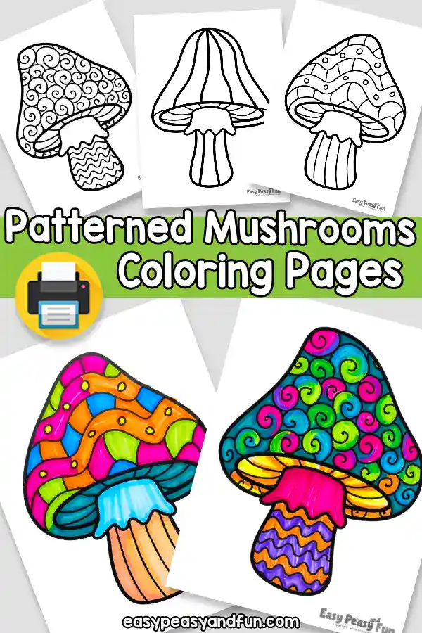 A promotional graphic with the title "Pattern Mushrooms Coloring Pages" surrounded by five sample sheets displaying line art and colored versions.