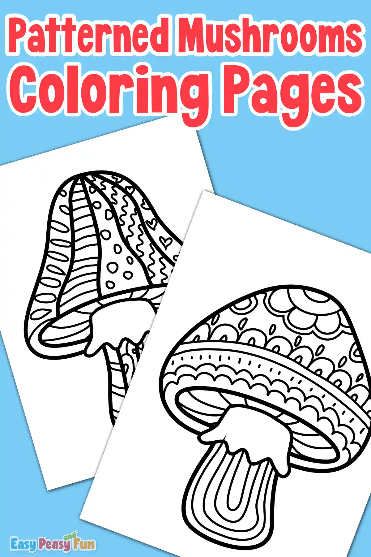 Two uncolored mushroom pages overlapping on a blue background, featuring intricate patterns like vertical stripes, dots, hearts, and floral petals.