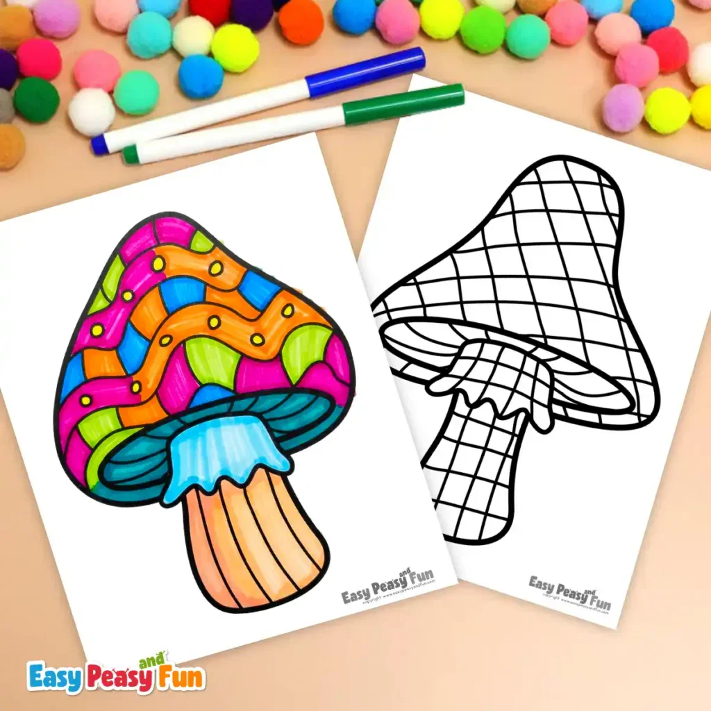 Two mushroom coloring pages; one colored in bright rainbow tones with a wavy pattern, the other a blank grid outline.