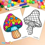 Two mushroom coloring pages; one colored in bright rainbow tones with a wavy pattern, the other a blank grid outline.