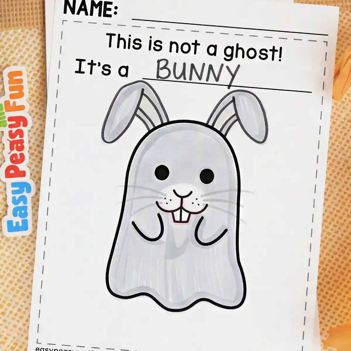 Gray ghost craft with long floppy ears, whiskers, and buck teeth made to look like a bunny.