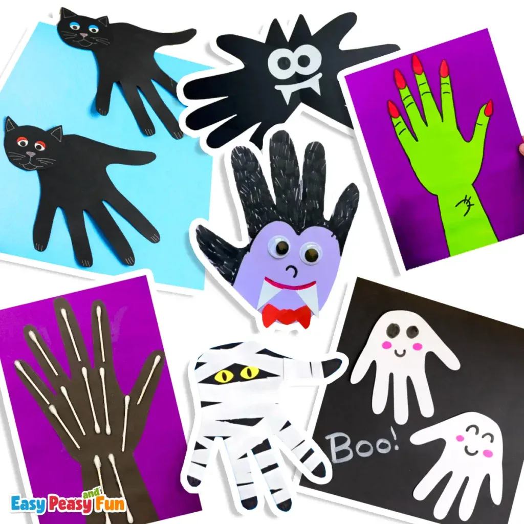 Various children's Halloween handprint crafts featuring cats, a bat, a vampire face, a skeleton's hand, a mummy, a witch hand, and smiling ghosts.