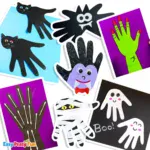 Various children's Halloween handprint crafts featuring cats, a bat, a vampire face, a skeleton's hand, a mummy, a witch hand, and smiling ghosts.