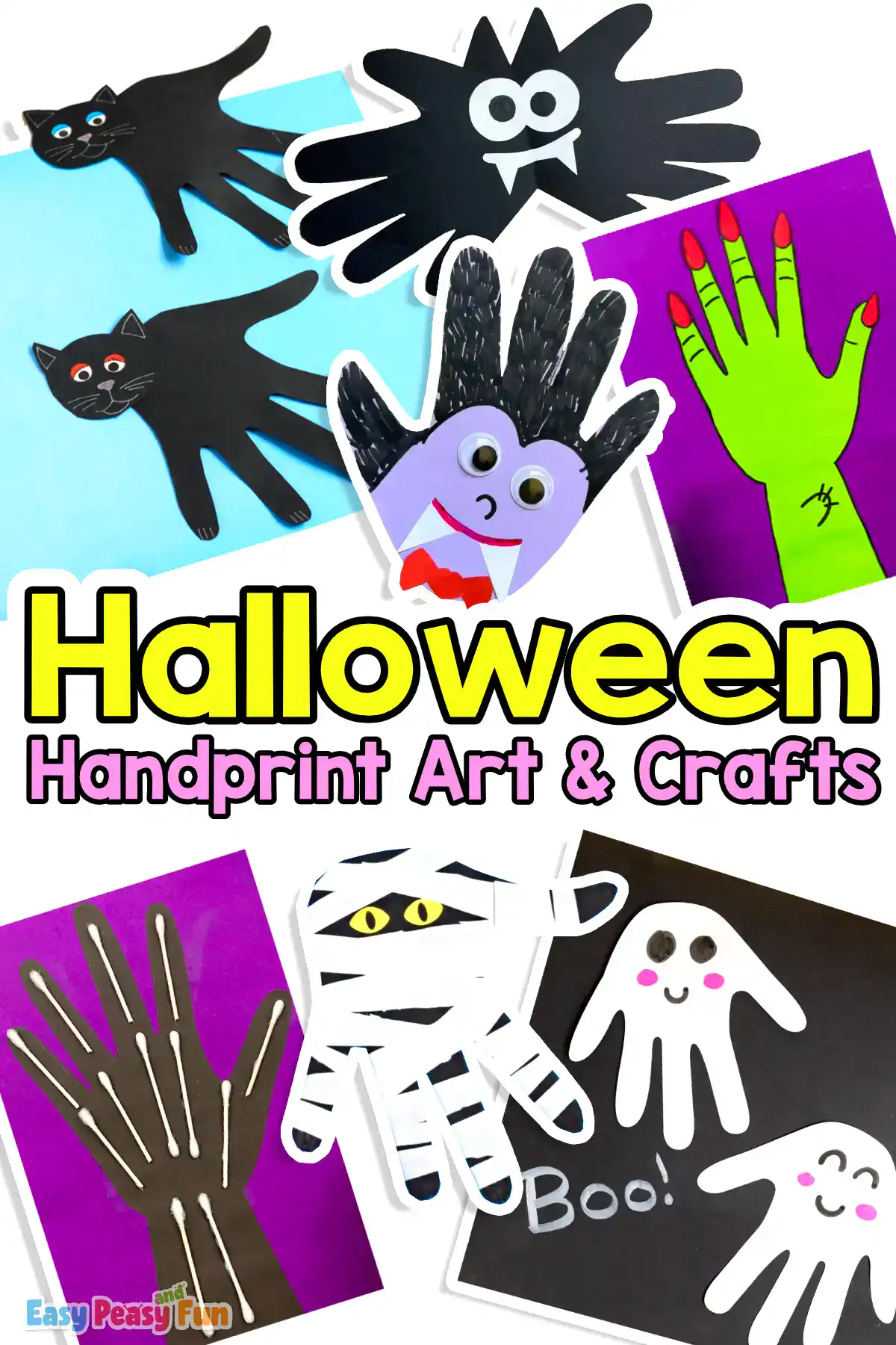 Collage of Halloween handprint crafts including black cats, a bat, a vampire, a skeleton, a spider, a mummy, a green witch hand, and ghosts.