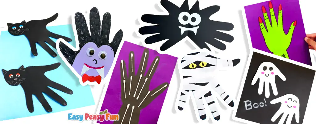 Collection of DIY Halloween handprints shaped into black cats, a bat, a vampire, a skeleton hand, a mummy, a witch's hand, and ghosts.