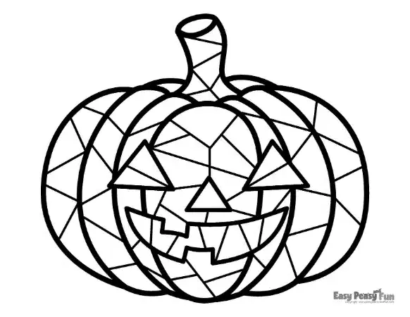 A cute geometric mosaic coloring page featuring a smiling jack-o'-lantern pumpkin with blocky sections for kids to color.