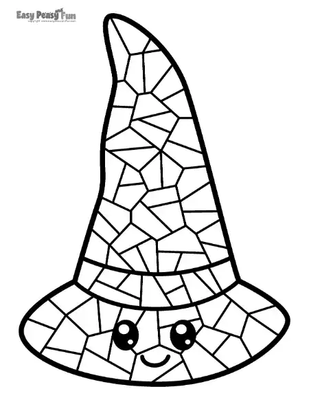A fun stained-glass style mosaic coloring sheet of a pointy witch hat with big cute eyes and a smiling face.