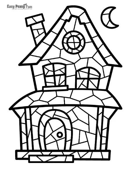 A spooky yet friendly haunted house with a chimney and crescent moon, designed in a stained-glass mosaic pattern for kids.