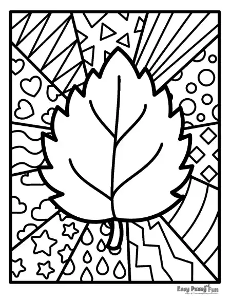 A black and white coloring page of a wide leaf framed by a vibrant background divided into patterned geometric sections with clouds, stars, and stripes.