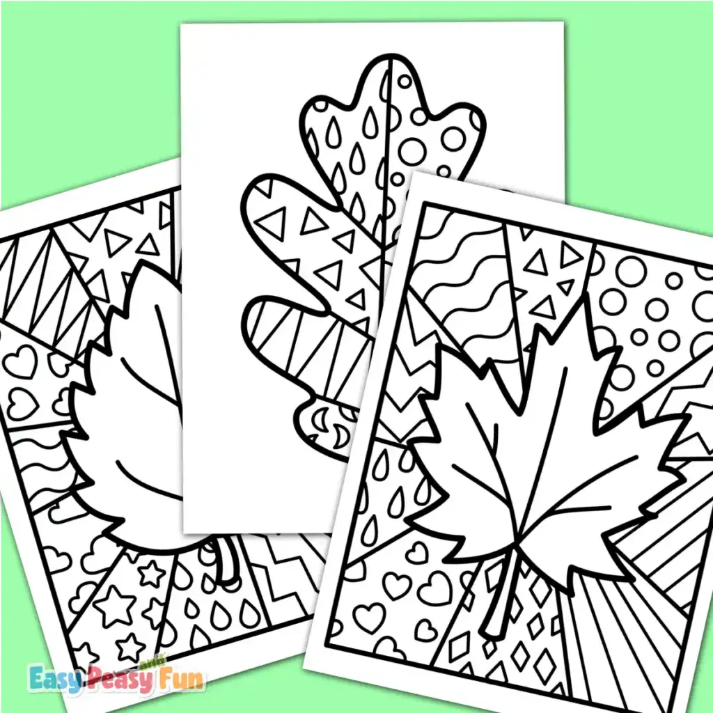 Three overlapping printable leaf pop art sheets showcasing various patterns.