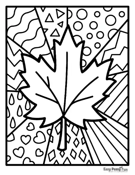 A black and white coloring sheet featuring a plain maple leaf centered inside a busy geometric background bursting with rays, dots, and hearts.