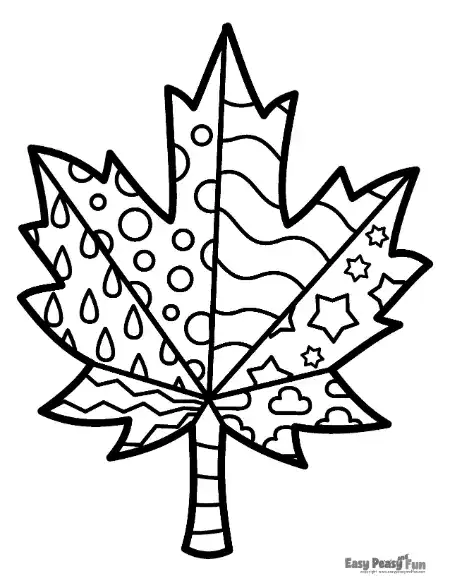 A black and white line art coloring page of a detailed maple leaf divided into patterned sections filled with dots, waves, and stars.