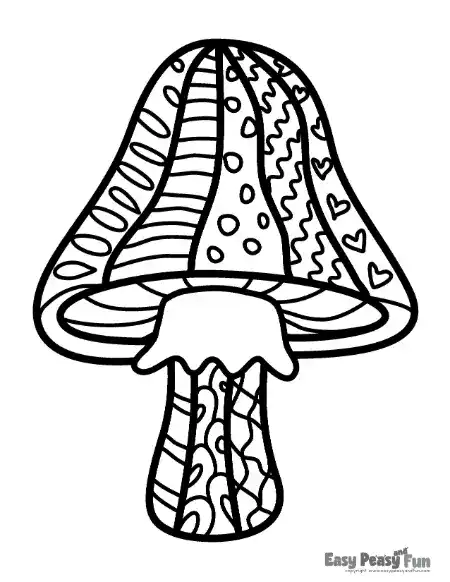 A mushroom with an ornate top cap section, and a vertically striped stem.