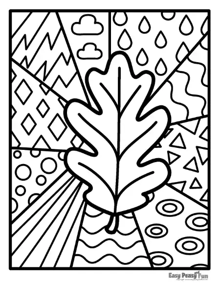 A black and white coloring page showing an oak leaf set against a dynamic background of rain drops, diamonds, and radiating lines.