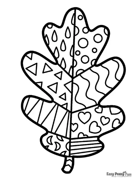 A black and white illustration of a rounded oak leaf with lobes filled with teardrops, polka dots, zigzags, and heart patterns.