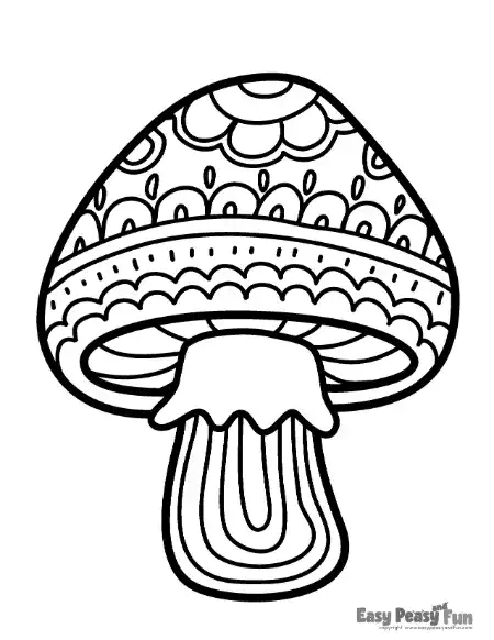 A mushroom with a cap divided into dense geometric panels filled with arches, loops, and dots, paired with a patterned stem.