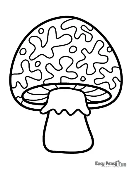 A large mushroom with organic blob patterns covering its rounded cap and a solid stem.