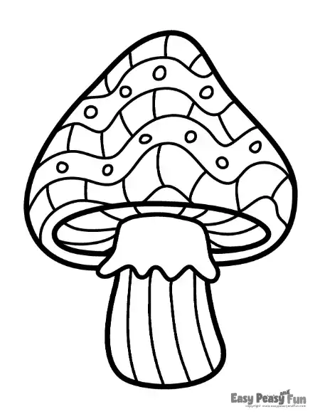 A mushroom featuring a cap with wavy horizontal bands dotted with small circles and a vertically striped stem.