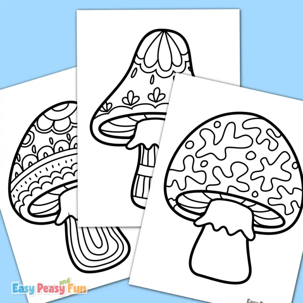 Three black-and-white patterned mushroom pages showcasing diverse cap designs including floral, geometric, and organic blotch motifs.