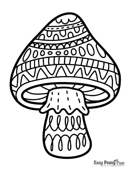 A mushroom with a vertically divided cap featuring varied textures including stripes, dots, and hearts, paired with a swirly patterned stem.
