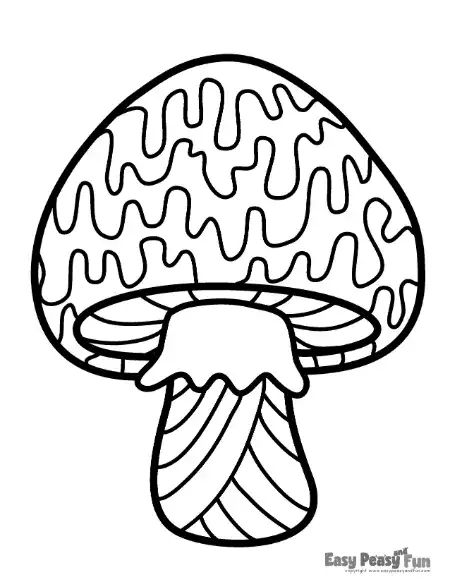 A mushroom featuring a cap covered in dripping vertical patterns and a striped stem.