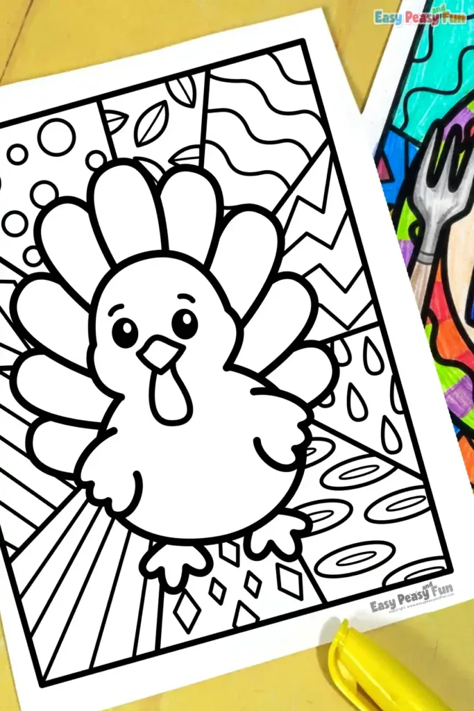 A pop art turkey coloring page.