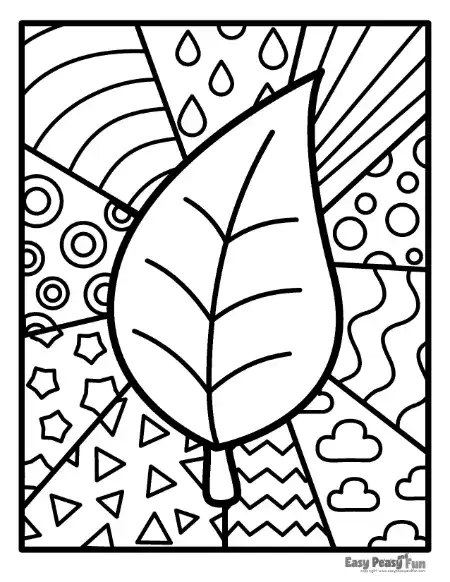 A black and white line art image of an upright leaf surrounded by a geometric grid filled with concentric circles, rain drops, and triangles.