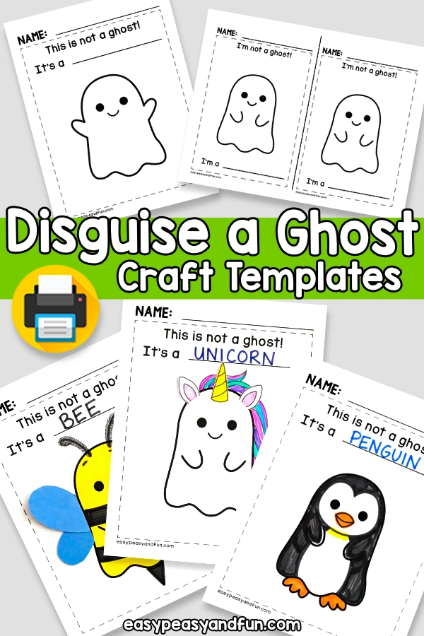 Disguise a ghost worksheets featuring blank ghost outlines at the top and finished examples colored in as a bee, a unicorn, and a penguin below.