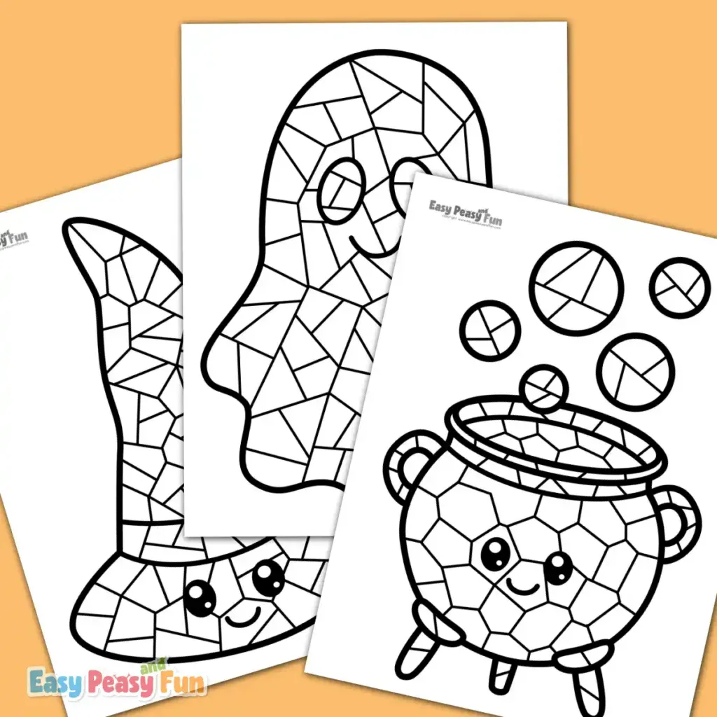 Three printable Halloween mosaic coloring pages featuring a witch hat, a friendly ghost, and a bubbly cauldron.