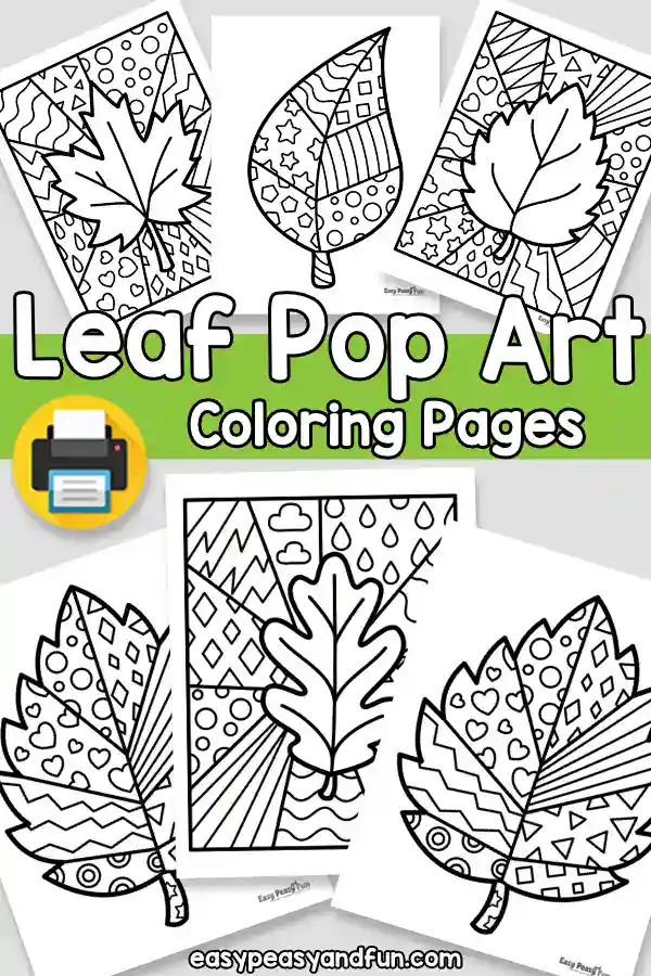 Six leaf pop art coloring pages displayed with geometric and patterned autumn designs.