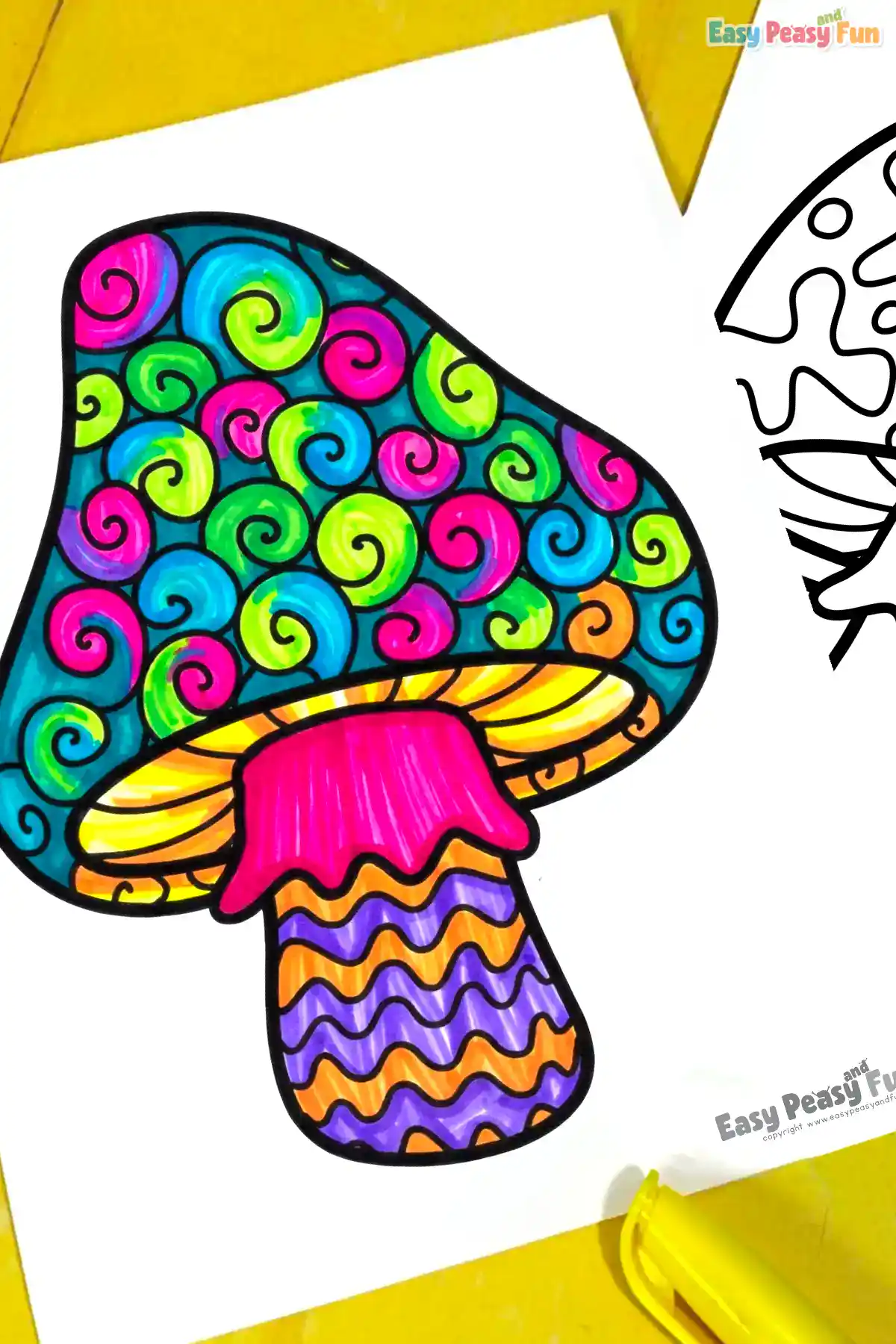 A close-up of a single, brightly colored patterned mushroom coloring page, featuring a cap filled with pink, green, and blue spirals, a pink ring, and a wavy purple and orange stem.