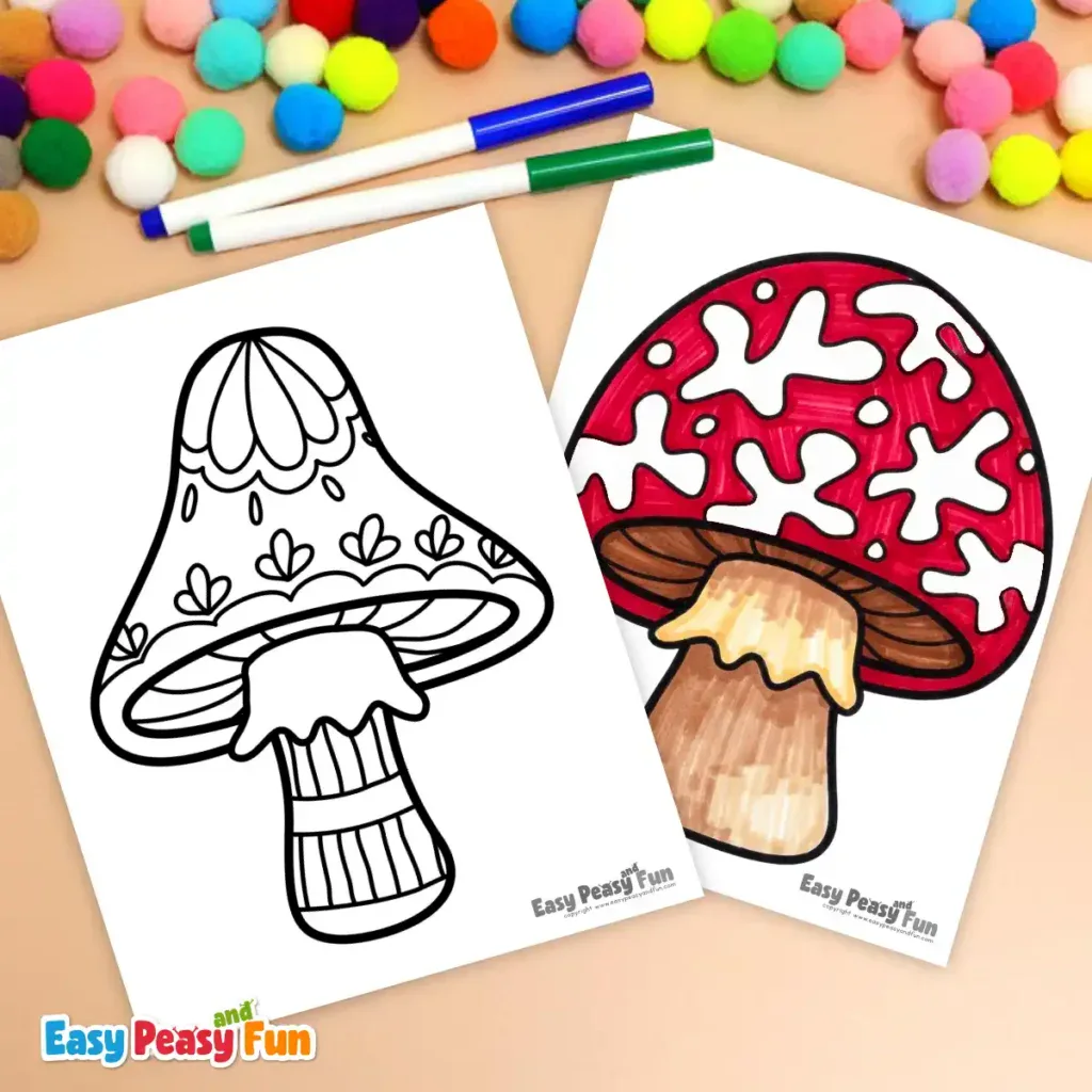 Two coloring pages side-by-side; one is a blank outline with leaf patterns, and the other is colored red with white organic blobs.
