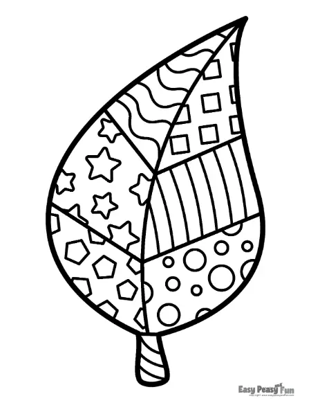 A black and white coloring page showing a slender single leaf split down the center with wavy lines, stars, and polka dots.