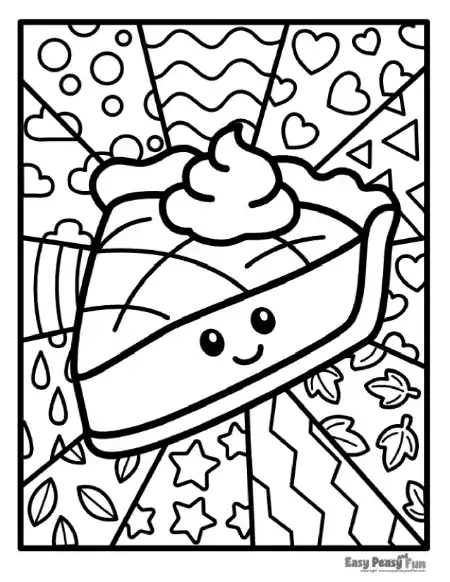 A pie slice with whipped cream and a happy face against a radiating backdrop.
