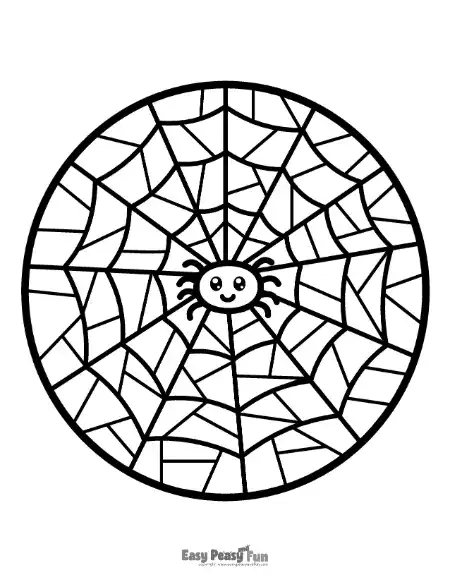 A circular mosaic coloring sheet showing a detailed spiderweb with a cute, friendly spider right in the center.