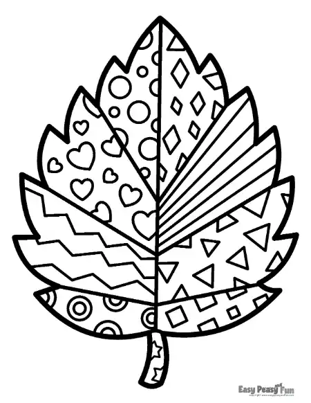 A black and white outline of a textured leaf featuring distinct geometric patterns like hearts, stripes, triangles, and squares in each section.