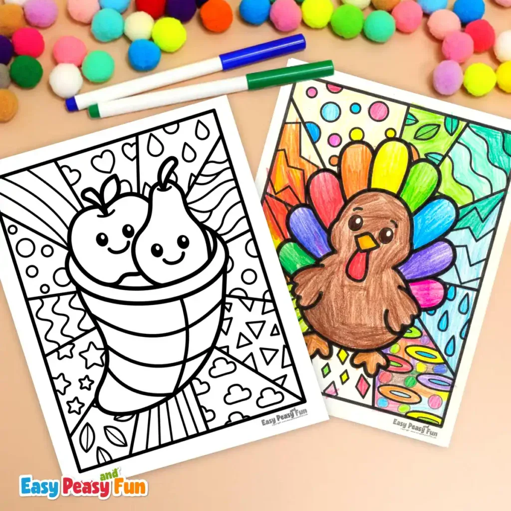 A cornucopia page and a colored turkey page surrounded by colorful pom-poms and markers.