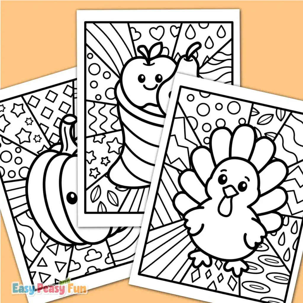 Three overlapping Thanksgiving coloring sheets featuring a pumpkin, cornucopia, and turkey.