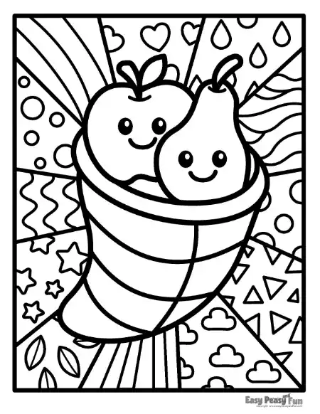A pop art coloring page of cornucopia overflowing with a smiling apple and pear.