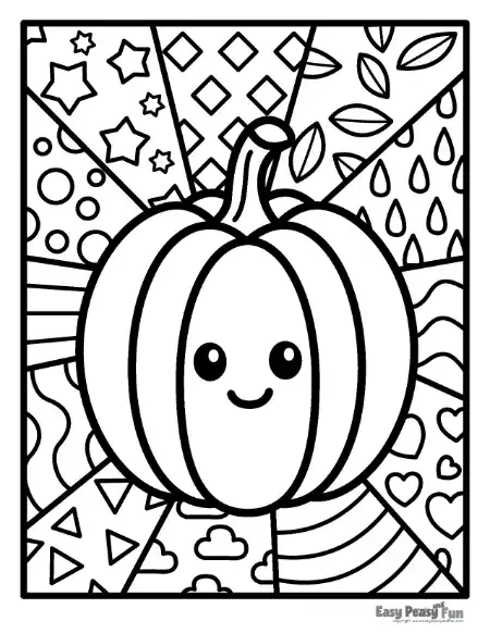 A smiling pumpkin with a curly stem centered pop art background.