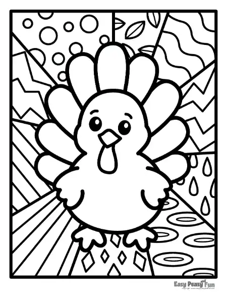 A cartoon turkey with rounded tail feathers set against a patterned background.